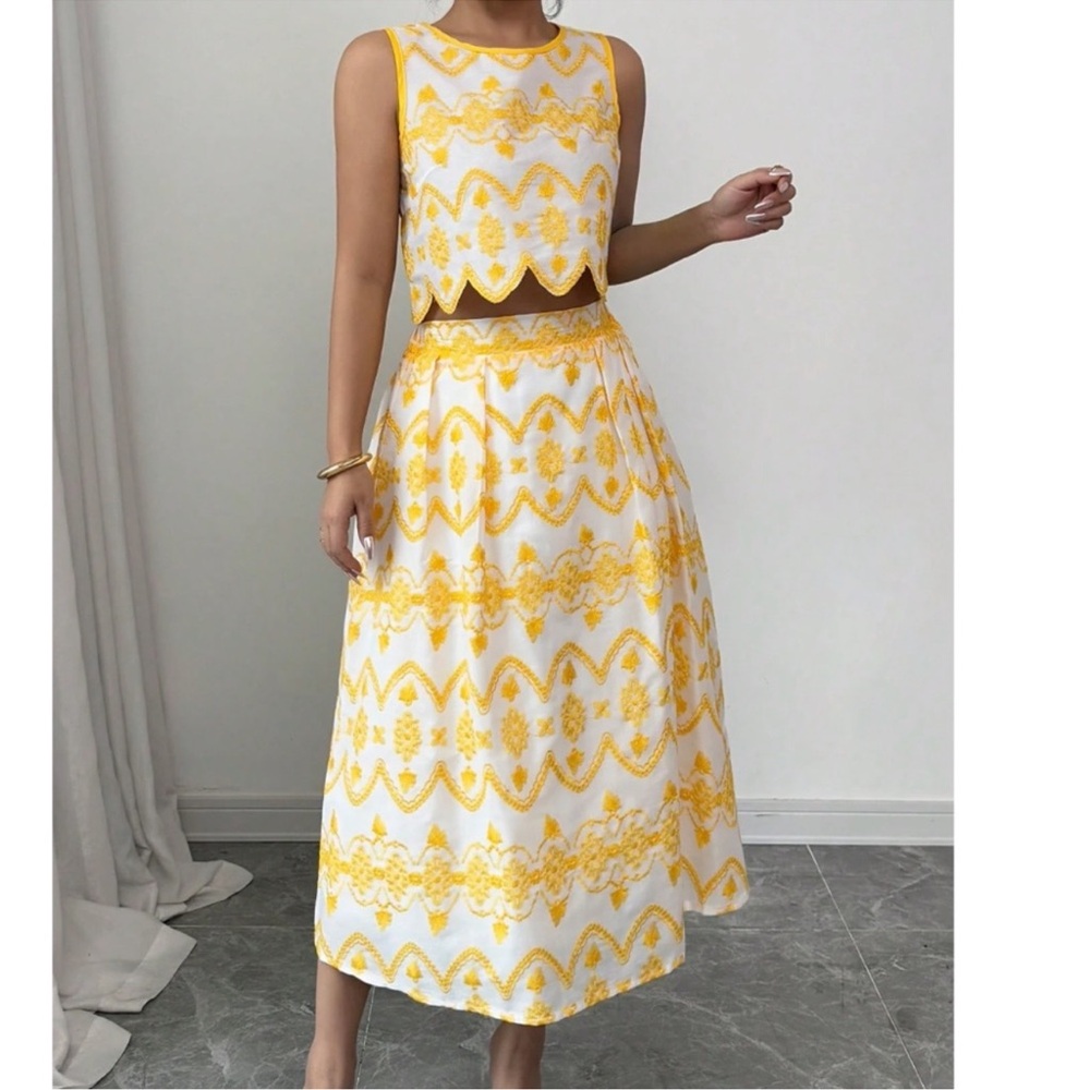 Boho Floral Embroidered Sleeveless High Waisted Midi Skirt Set Medium - Picture 3 of 7